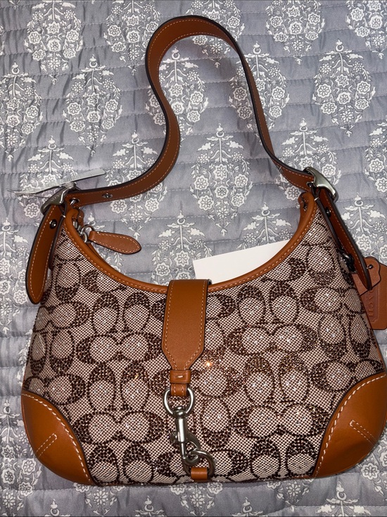 Coach Handbags - RARE NWT CRYSTAL Coach Brown Signature Canvas Hobo with Tan Leather Trim